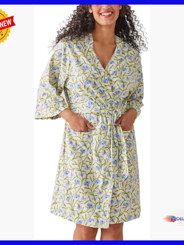 Knee Length Cotton Knit Robe With Pockets 3/4 Sleeve